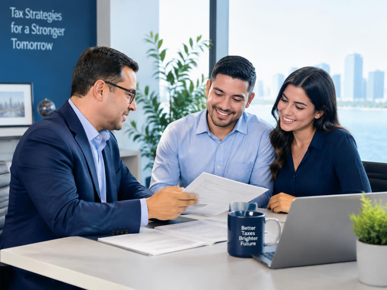Tax professional reviewing documents with a client in a Miami office